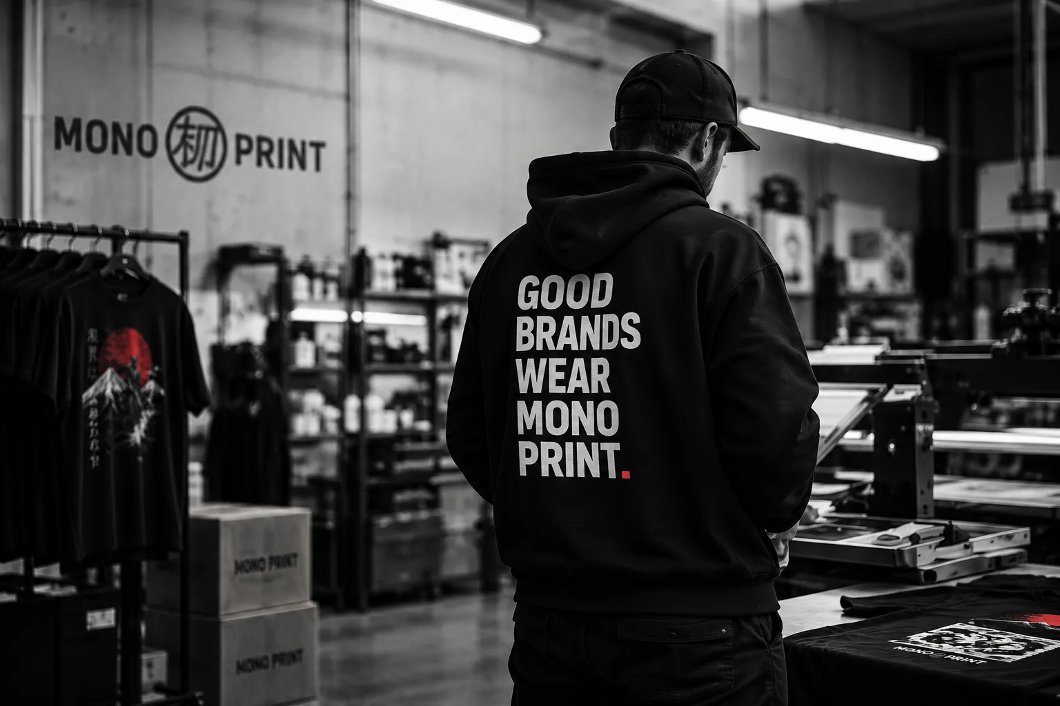 Člověk v černé mikině s potiskem Good brands wear Mono Print ve výrobní hale